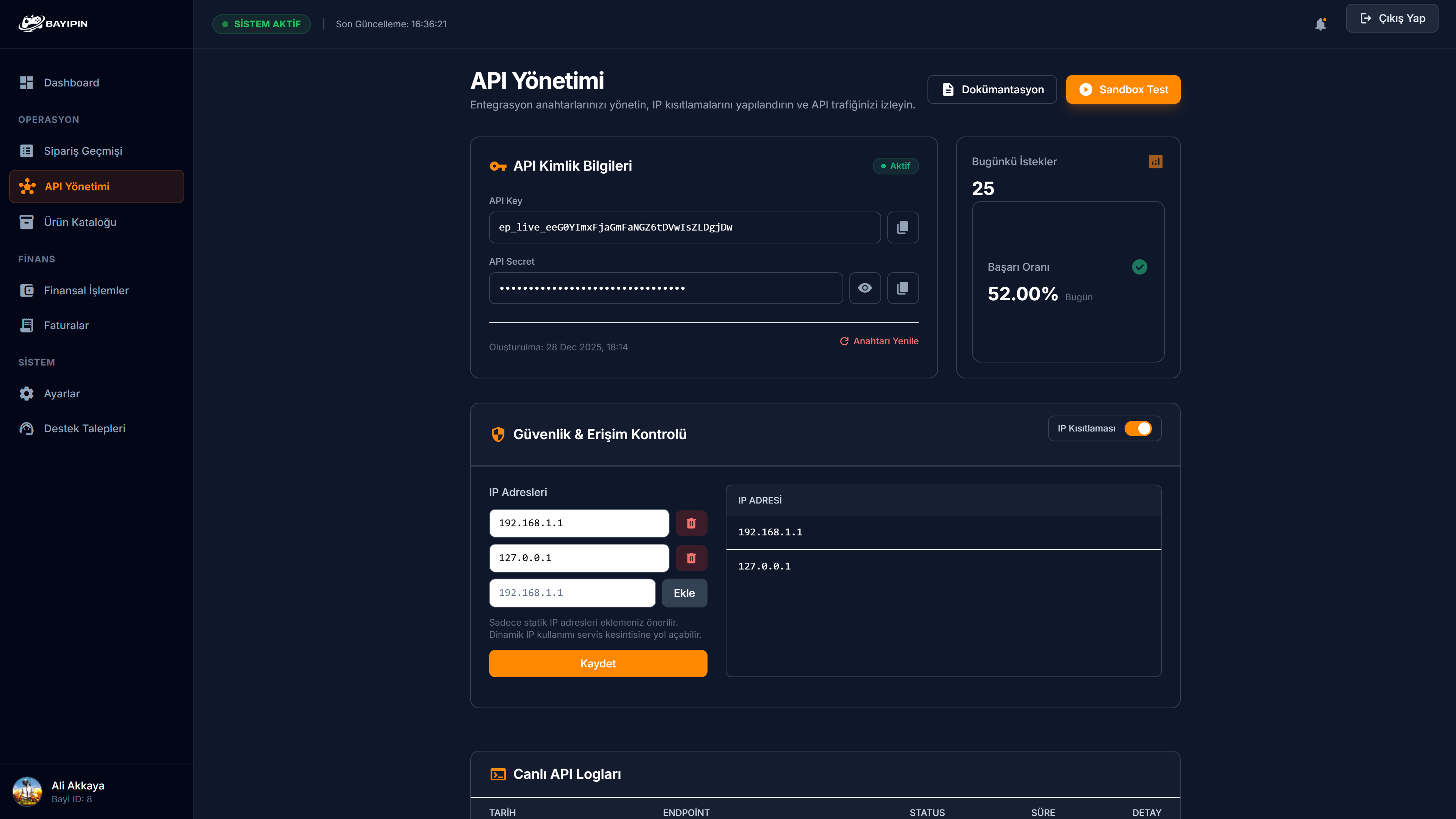 B2B ve API Dashboard