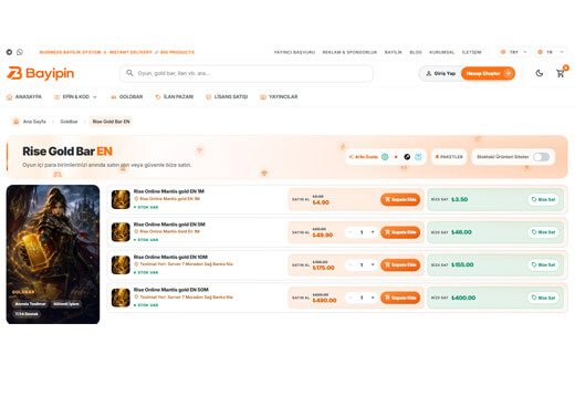 Bayipin Goldbar: Rise Online gold bar alım ve satış fiyatları, miktar seçimi ve sepete ekleme