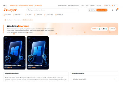 Bayipin dijital lisans satışı: Windows 10 ve Windows 11 OEM lisans anahtarları