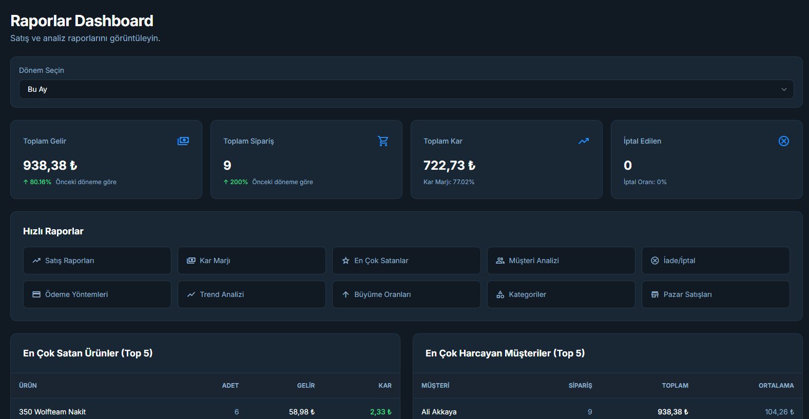 Bayipin raporlama ve analitik panelleri