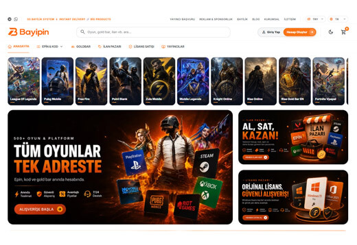 Bayipin mağaza anasayfası: epin, kod, goldbar, ilan pazarı ve lisans satışı tek sitede, 500+ oyun ve platform