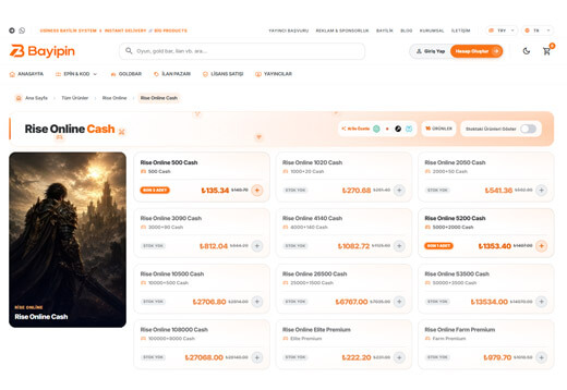 Bayipin ürün sayfası: Rise Online Cash paketleri, stok durumu ve fiyat listesi