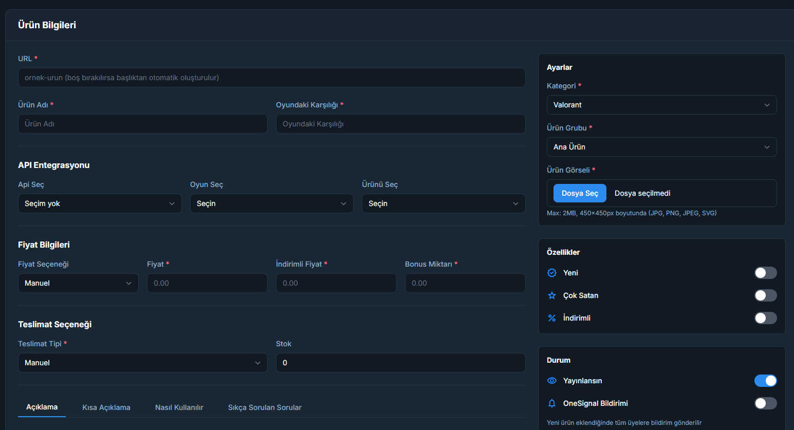 Ürün Yönetimi Ekranı